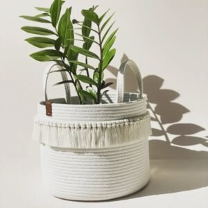 cotton rope planter, handmade planter basket, white rope basket, indoor plant pot cover, boho decor planter, eco-friendly storage basket, woven planter with handles, decorative plant pot, modern home decor basket, tassel storage basket