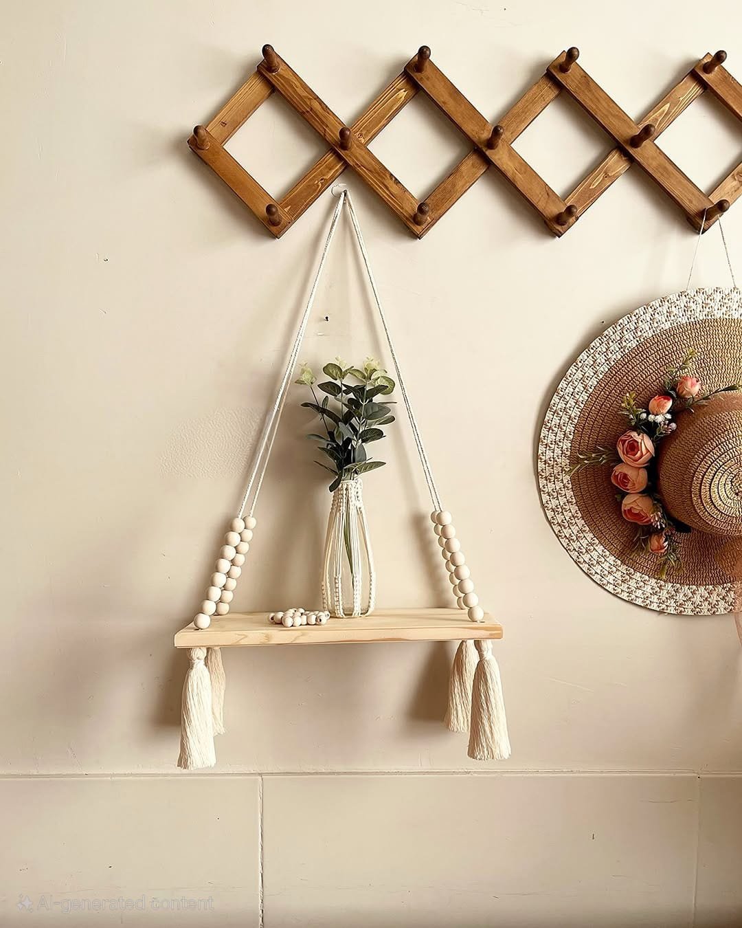 Wooden Floating Shelf with Natural Beads and Tassels