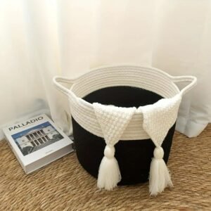 black and white storage basket, cotton rope basket, tassel storage bin, toy storage basket, nursery organizer basket, handmade rope basket, laundry basket, modern storage bin, home decor basket, rope basket Pakistan